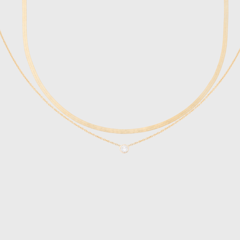 14k dainty herringbone + berkeley diamond necklace layering set