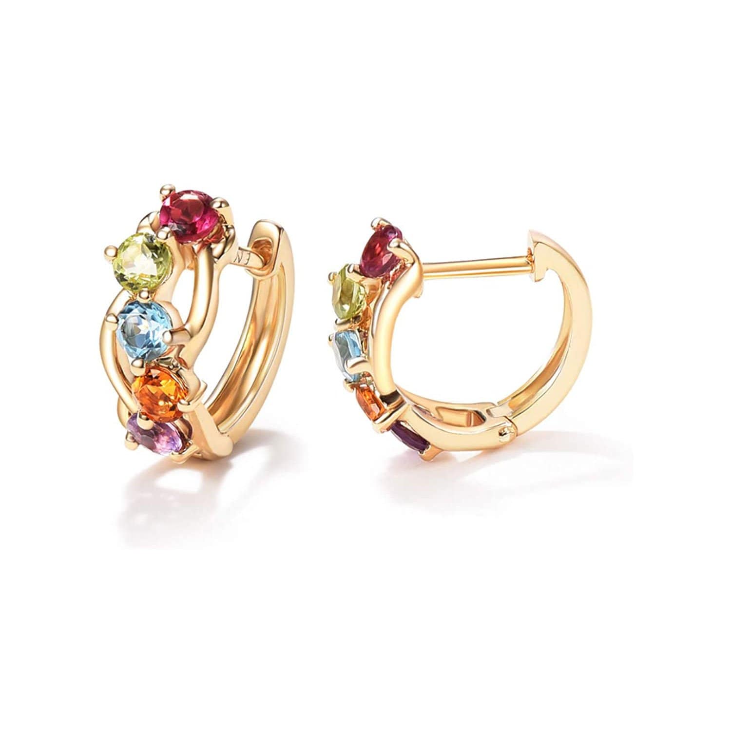14K  Gold Multicolored Gemstone Hoop Earrings