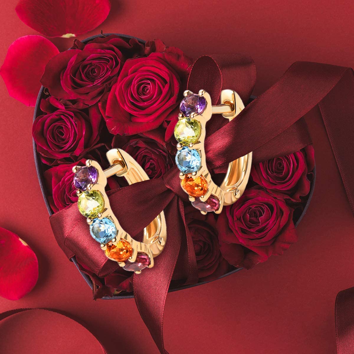 14k Rainbow Gemstones Huggie Cartilage Hoop Earrings