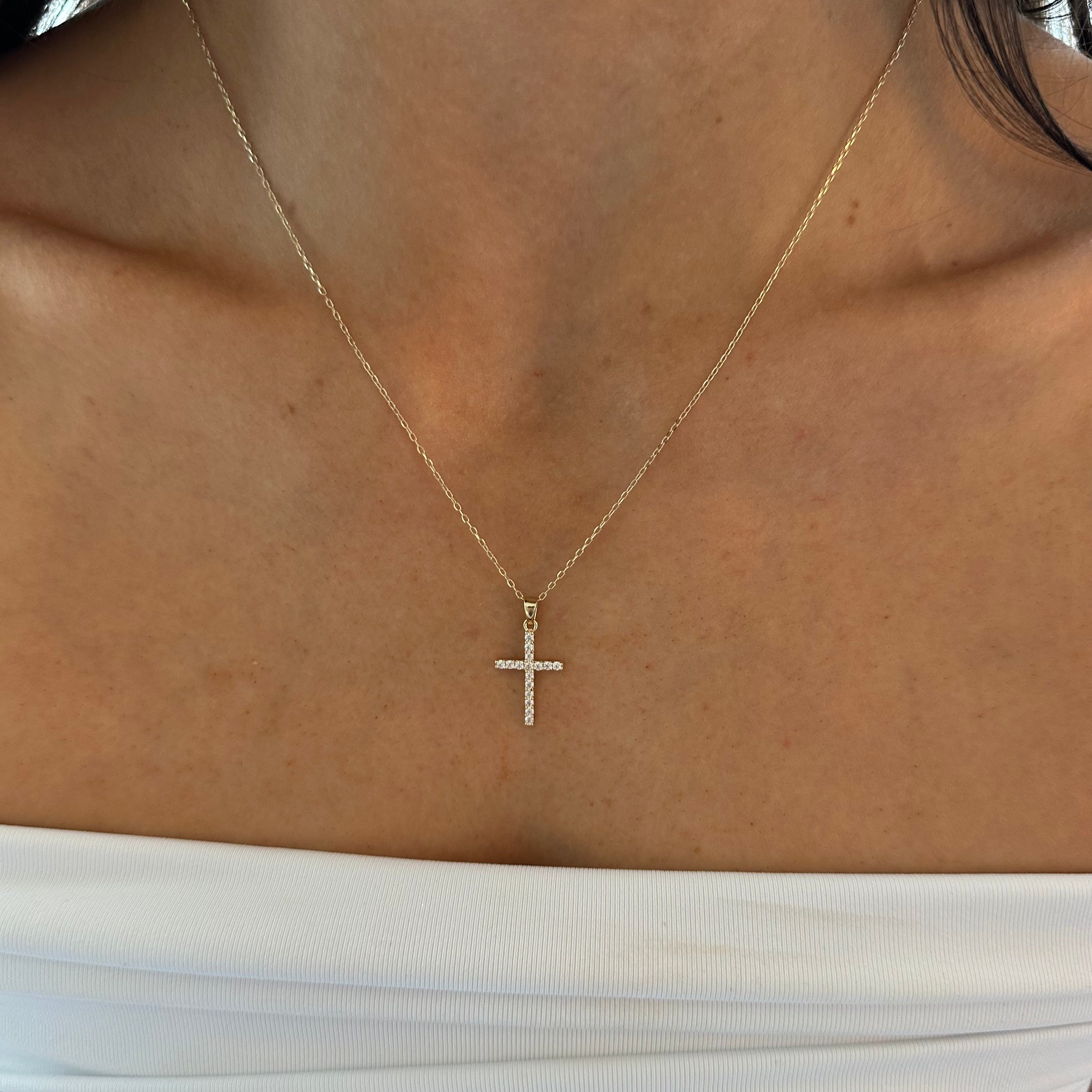 14k pavé cross necklace