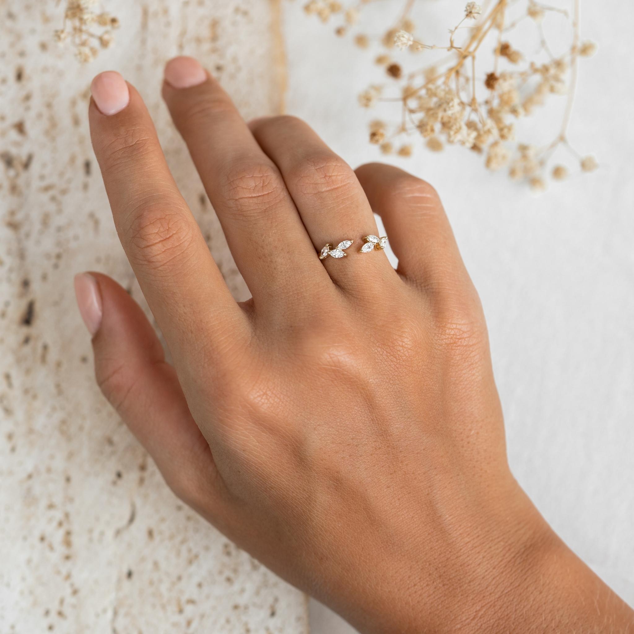 14k Gold  Open Diamond Leaf Ring