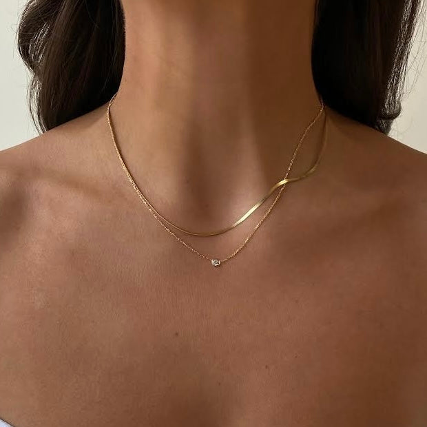 14k dainty herringbone + berkeley diamond necklace layering set