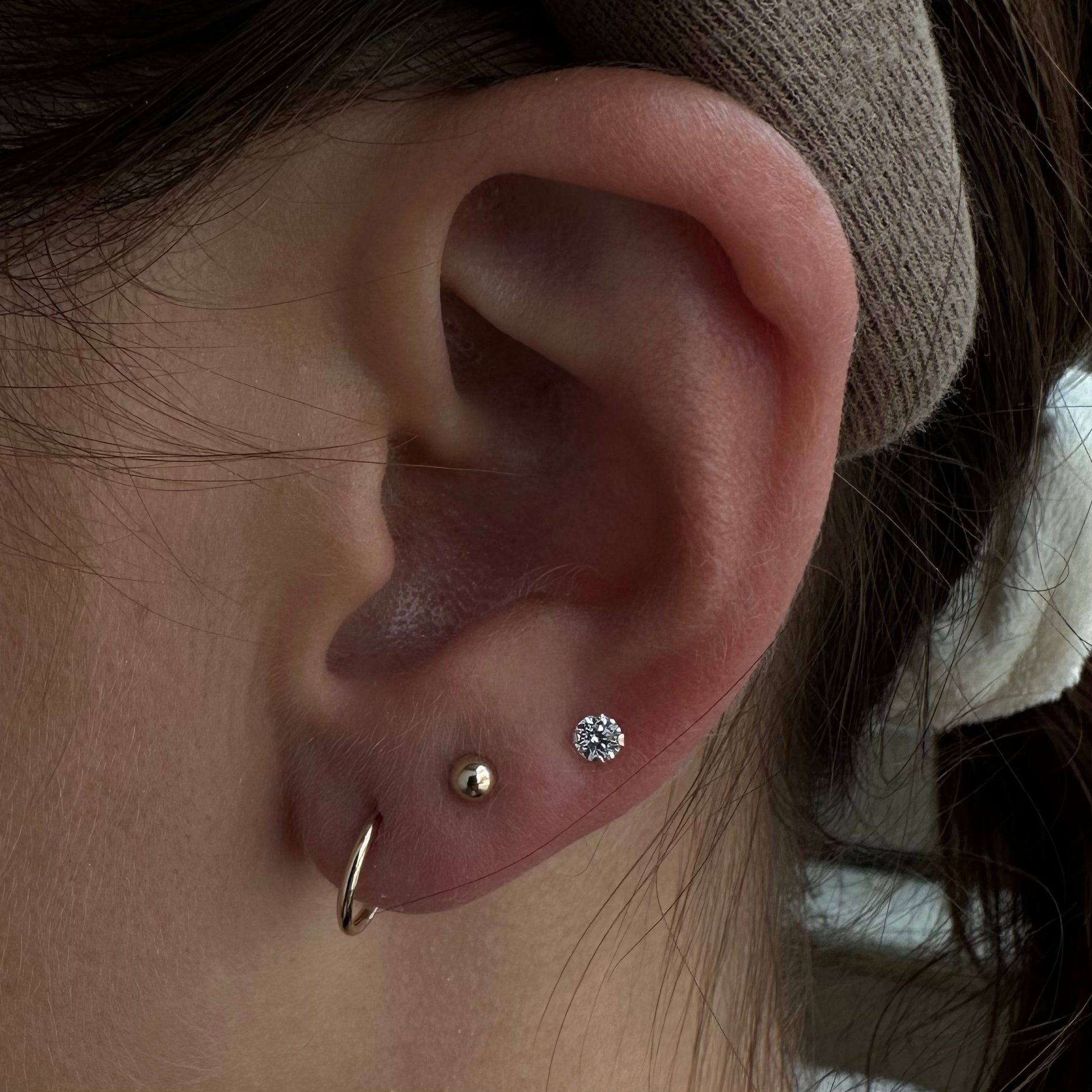 14k helen studs (3mm) + ball studs (3mm) + infinity hoops (10mm)